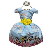 Vestido Menina Infantil Ester Temático Looney Tunes Baby Azul Vestido Menina Infantil Ester Temático Looney Tunes Baby Azul