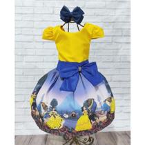 Vestido Menina Infantil Luxo Temático Bela e a Fera Busto Liso Laço Azul