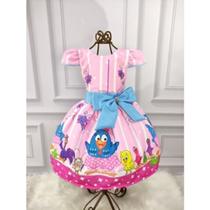 Vestido Menina Infantil Luxo Temático Manga Viés Galinha Pintadinha Rosa
