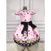 Vestido Menina Infantil Luxo Temático Manga Viés Minnie Rosa Laço Preto Vestido Menina Infantil Luxo Temático Manga Viés Minnie Rosa Laço Preto