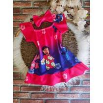 Vestido Menina Infantil My Baby Lilo & Stitch Rosa + Laço de Cabelo