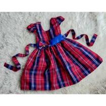 Vestido Menina Infantil Simples Xadrez Vermelho Laço Azul