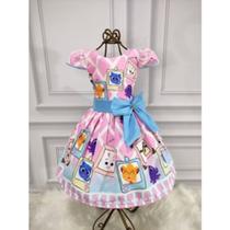 Vestido Menina Infantil Temático Bolofofo Rosa Manga Vies Laço Azul Vestido Menina Infantil Temático Bolofofo Rosa Manga Vies Laço Azul