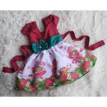 Vestido Menina Infantil Temático Simples Moranguinho Laço Verde Vestido Menina Infantil Temático Simples Moranguinho Laço Verde