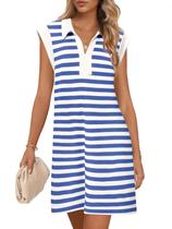 Vestido MEROKEETY 2025 de verão, manga curta, decote em V, listrado, azul Vestido MEROKEETY 2025 de verão, manga curta, decote em V, listrado, azul