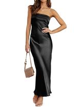 Vestido MEROKEETY 2025 Midi Bodycon de Cetim sem alça Preto P Vestido MEROKEETY 2025 Midi Bodycon de Cetim sem alça Preto P