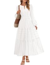 Vestido MEROKEETY 2025, outono, manga comprida, decote em V, branco L Vestido MEROKEETY 2025, outono, manga comprida, decote em V, branco L