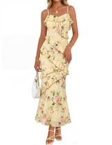 Vestido MEROKEETY 2026 Floral Maxi Bodycon Amarelo XL Vestido MEROKEETY 2026 Floral Maxi Bodycon Amarelo XL