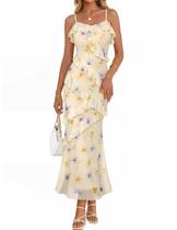 Vestido MEROKEETY 2026 Floral Maxi Bodycon Bege M Vestido MEROKEETY 2026 Floral Maxi Bodycon Bege M