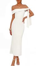Vestido MEROKEETY 2026 Maxi Bodycon Branco Ombro a Ombro Vestido MEROKEETY 2026 Maxi Bodycon Branco Ombro a Ombro