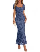 Vestido MEROKEETY 2026 Maxi Floral com Decote Quadrado Azul Esmaecido Vestido MEROKEETY 2026 Maxi Floral com Decote Quadrado Azul Esmaecido