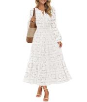 Vestido MEROKEETY Maxi con Encaje Floral y Escote en V, Manga Larga, Blanco, Talla L Vestido MEROKEETY Maxi con Encaje Floral y Escote en V, Manga Larga, Blanco, Talla L