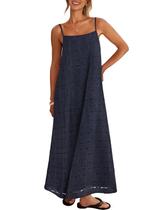 Vestido MEROKEETY Maxi de Renda Floral Azul Marinho com Alças Finas Vestido MEROKEETY Maxi de Renda Floral Azul Marinho com Alças Finas
