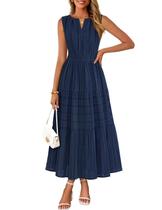 Vestido MEROKEETY, verão, primavera, maxi, decote em V, algodão, azul marinho, feminino Vestido MEROKEETY, verão, primavera, maxi, decote em V, algodão, azul marinho, feminino