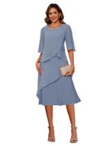 Vestido Miao Duo, elegante, azul empoeirado, chiffon, comprimento do chá, feminino, 12