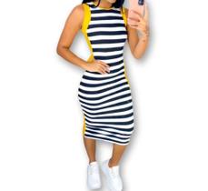 Vestido mid canelado listrado preto e branco faixa amarela lateral feminina tendência