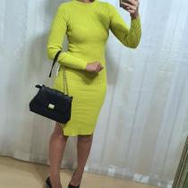 Vestido mid feminino lã manga longa com fenda