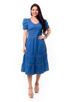 Vestido Midi acinturado Com Manga Bufante