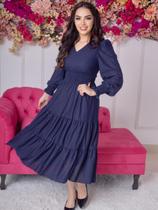 Vestido Midi Acinturado Decote V Manga Longa Malha Lese Festa