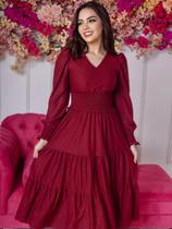 Vestido Midi Acinturado Decote V Manga Longa Malha Lese Festa Vestido Midi Acinturado Decote V Manga Longa Malha Lese Festa