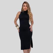 Vestido Midi Acinturado Estilo Básico Com Fenda Lateral Regata Tubinho