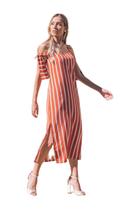 Vestido Midi Alça Matuta Essencial Listrado Laranja Escuro