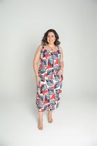 Vestido Midi Alças Largas Linho Estampado Azul e Vermelho Vestido Midi Alças Largas Linho Estampado Azul e Vermelho