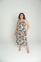 Vestido Midi Alças Largas Linho Estampado Preto e Bege Vestido Midi Alças Largas Linho Estampado Preto e Bege