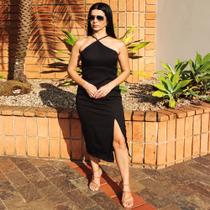 Vestido Midi Alfaiataria Elegante com Fenda Feminino Festa Preto