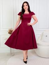 Vestido Midi Alfaiataria Elegante Liso para Festa Convidada Social Trabalho Rodado Cor:MarsalaTamanho:M