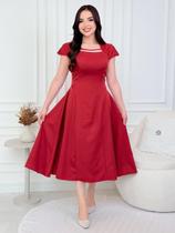 Vestido Midi Alfaiataria Elegante Liso para Festa Convidada Social Trabalho Rodado Cor:TerracotaTamanho:GG