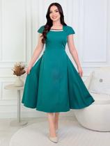 Vestido Midi Alfaiataria Elegante Liso para Festa Convidada Social Trabalho Rodado Cor:VerdeTamanho:GG