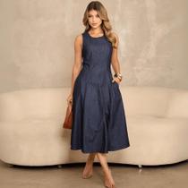 Vestido Midi Alfaiataria Jeans Alça
