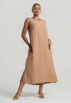 Vestido Midi Alfaiataria Marrant Regata Com Fendas e Bolsos Bege Salvatore