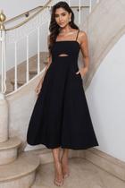 Vestido Midi Amanda Detalhe Vazado Com Bolsos Preto