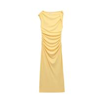 Vestido Midi Amarelo Sem Mangas Assimétrico Com Drapeado E Fenda Para Mulheres - Elegante Vestido De Vestido Midi Amarelo Sem Mangas Assimétrico Com Drapeado E Fenda Para Mulheres - Elegante Vestido De