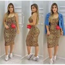 Vestido midi animal print alça fina