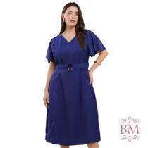 Vestido Midi, Azul Marinho, Alfaiataria, Decote V, Bolsos Lateral, Cinto Fivela, Zíper, Dona Charme BM1275