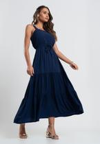 Vestido Midi Babado Cadarço Viscolinho Azul Salvatore Fashion