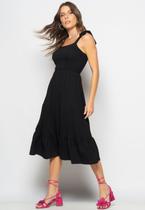 Vestido Midi Babado Com Alça Amarração Malha Preto Salvatore Vestido Midi Babado Com Alça Amarração Malha Preto Salvatore