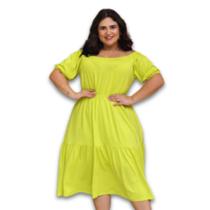 Vestido Midi Babado Forrado Tecido Viscolycra Ombro a Ombro Plus Size