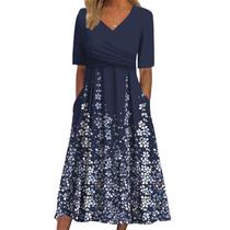 Vestido midi BEYINCUTE Boho com estampa floral e manga 3/4 para mulheres Vestido midi BEYINCUTE Boho com estampa floral e manga 3/4 para mulheres