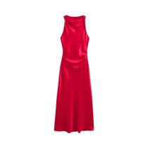 Vestido Midi Bodycon Elegante De Cetim Sem Mangas Com Decote Drapeado Para Mulheres - Estilo Vintage