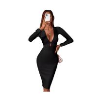 Vestido Midi Bodycon Preto De Manga Longa Para Mulheres, Moda Primavera Verão, Festa, Coquetel, Vestido Midi Bodycon Preto De Manga Longa Para Mulheres, Moda Primavera Verão, Festa, Coquetel,