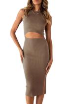 Vestido Midi Bodycon Sem Mangas PRETTYGARDEN com Recorte Camel Tamanho L Vestido Midi Bodycon Sem Mangas PRETTYGARDEN com Recorte Camel Tamanho L