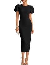 Vestido Midi Bodycon ZESICA Preto com Manga Curta Bufante P Vestido Midi Bodycon ZESICA Preto com Manga Curta Bufante P