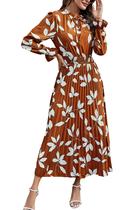 Vestido Midi Boho de Manga Longa com Folhas Marrons PRETTYGARDEN Tamanho L