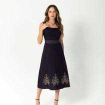 Vestido Midi Bordado Poliamida Feminino Liso Verão