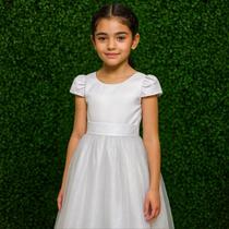 Vestido Midi Branco de Luxo com Tule Brilhante e Faixa Fixa Infantil Dama de Honra REF4092