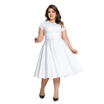 Vestido Midi Branco Liso com Cinto Moda Feminina Modesta